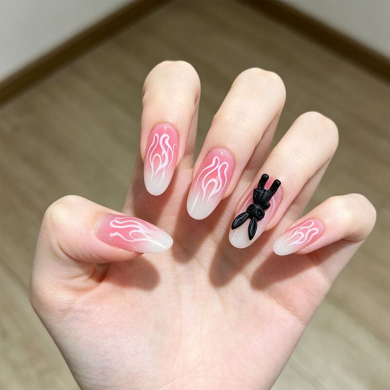 Cross-Border 24-Piece Pink and White Gradient Flame Design Wearable Nails, Medium-Length Water Drop Style, 3D Black and White Rabbit Nail Stickers Wholesale Cross-Border 24-Piece Pink and White Gradient Flame Design Wearable Nails, Medium-Length Water Drop Style, 3D Black and White Rabbit Nail Stickers Wholesale