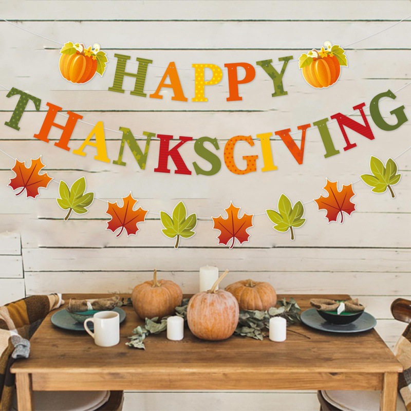 Decoración de fiesta de Acción de Gracias europea y americana tira de banderas de otoño hojas de arce feliz acción de Gracias tira de banderas tira de flores