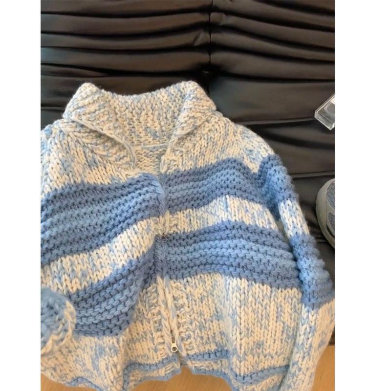 Korean-Style Lazy Style Stunning Blue Striped Lapel Thick Knit Sweater Coat Autumn and Winter New Fashion Top for Women Trendy