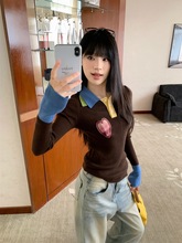 小众别致撞色气质长袖针织衫女装秋季修身显瘦chic上衣内搭打底衫