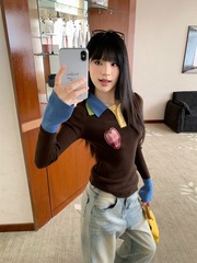小众别致撞色气质长袖针织衫女装秋季修身显瘦chic上衣内搭打底衫