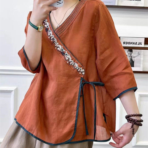 2026 Summer Ethnic Style Vintage Diagonal Collar National Style Embroidered Cotton Linen T-Shirt Half-Sleeve Women's Sum_ecoleips.com