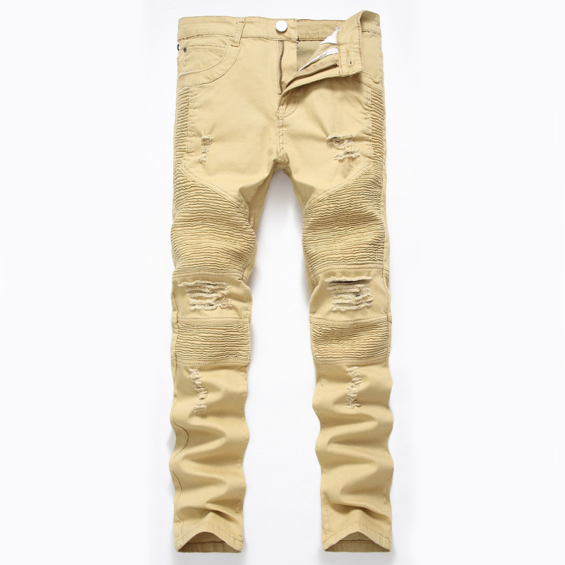 Cross-border Amazon Foreign Trade Men's Motorcycle Ripped Jeans Slim-fit Elastic Light-colored Men's Leg Denim Trousers