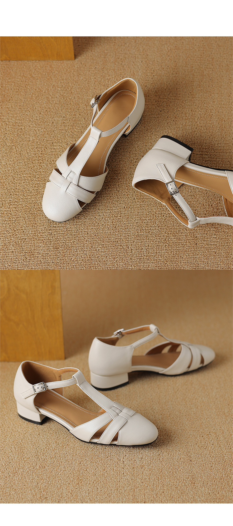 Sandal nữ bít mũi khóa chữ T phong cách La Mã cổ điển, gót thấp — Màu trắng be chi tiết 13