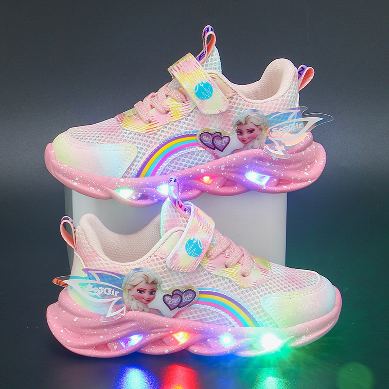Giày bé gái có đèn 2024 xuân thu mới phong cách lưới thoáng khí giày thể thao trẻ em đa năng giày công chúa bé gái