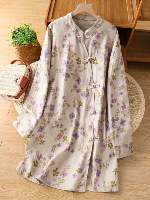 New Chinese-Style Diagonal Collar Buttoned Printed Cotton-Linen Dress for Women, Autumn Mid-Length Zen-Inspired Qipao Dress Robe Top