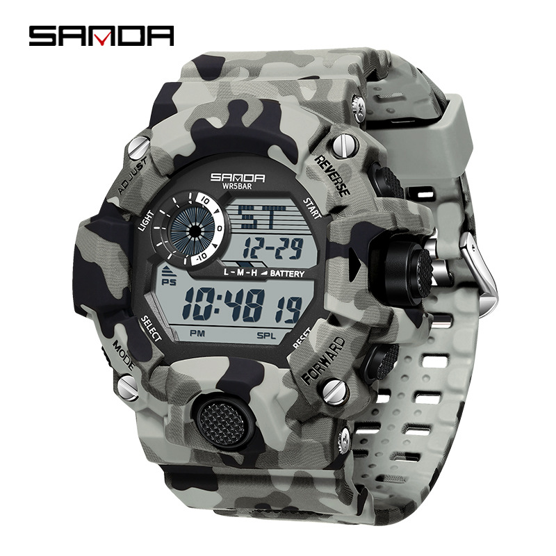 SANDA Camuflaje reloj electrónico de montaña deportivo al aire libre impermeable multifuncional reloj de negocios para hombres 2183