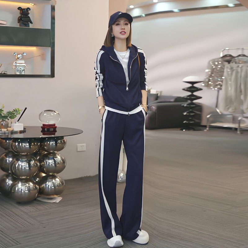欧货休闲运动套装女春秋新款宽松时尚撞色拉链连帽卫衣两件套|undefined