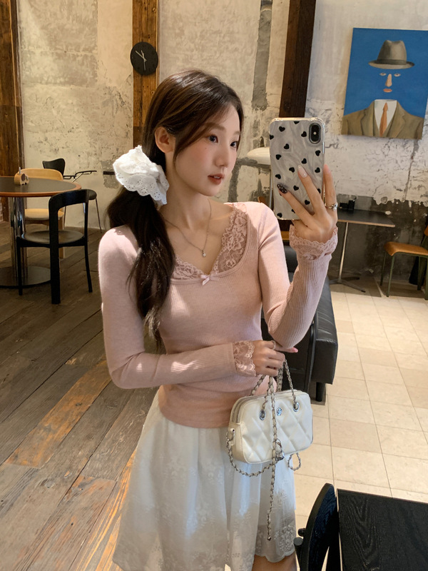 粉色蕾丝U领蝴蝶结长袖t恤女初秋新款内搭打底衫修身显瘦针织上衣|undefined