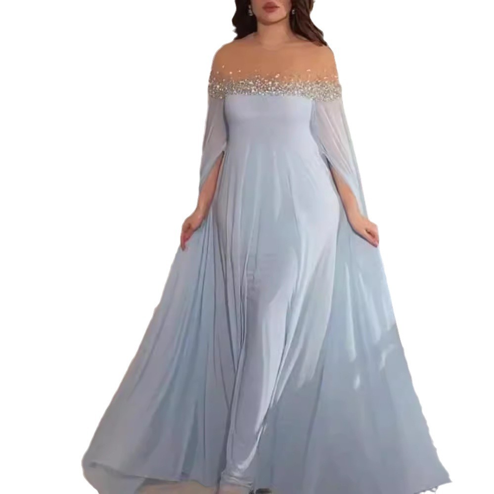 Women's Clothing Temperament Sexy High Waist Hot Diamond Pearl Chiffon Banquet Evening Dress_voghion.com