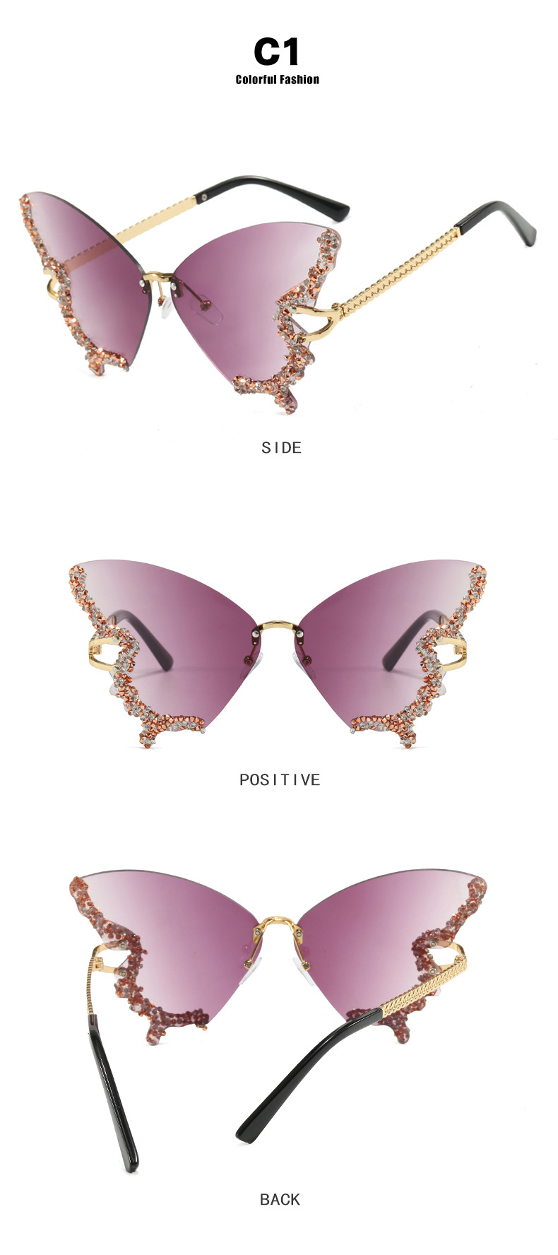 76g Weight Frameless Glasses Structure Sunglasses Classification PC, UV400 Protection Lens Material Butterfly Frame Glasses Style Travel, Party, Stage Occasion Butterfly Pattern All Seasons Season Women's Gender Personality, Hip-Hop, Street Style Personality Hip-Hop Street Butterfly PC UV400 Protection Butterfly Frame Frameless Women's Sunglasses 4