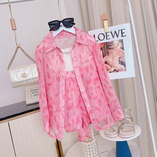 Girls Leopard Print Sun Protection Suit 2025 Summer Wear New Medium and Large Kidsren's Fashionable Thin Top Two-Piece Set