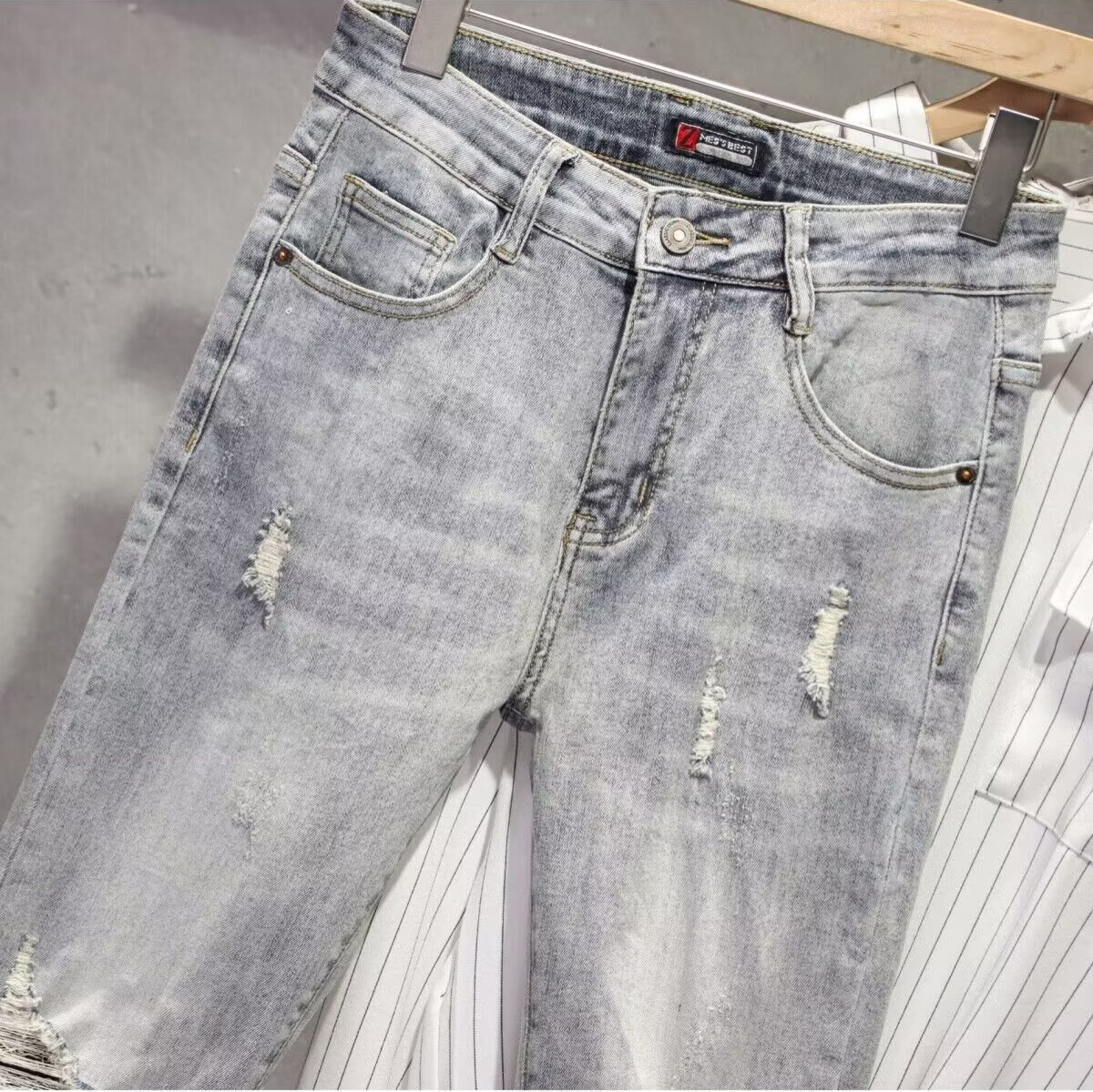 American High Street Ripped Jeans For Men Slim Fit Straight Long Trendy Zipper Cuff Cool Pants Fashion_mkmklike.com