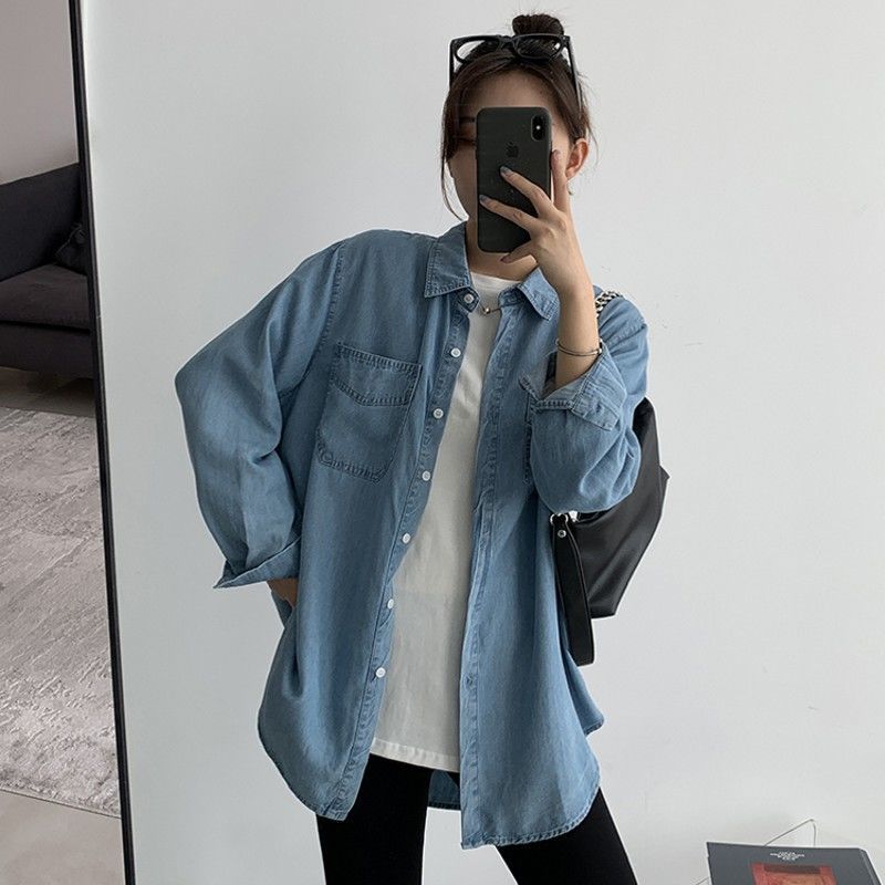牛仔衬衫女春秋新款长袖宽松慵懒复古休闲衬衣中长款显瘦外套薄款|undefined