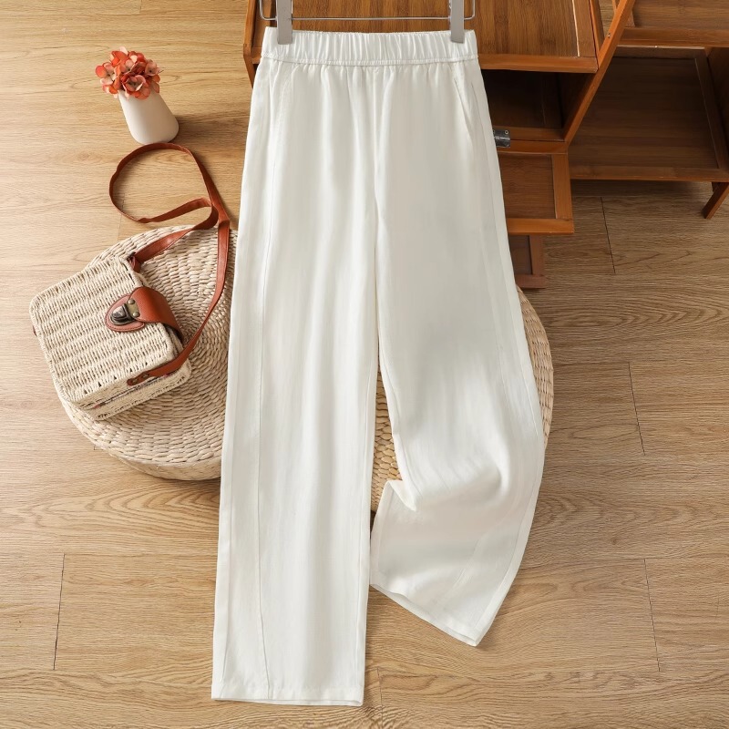 女性用黄色ワイドレッグパンツ夏薄い2025新しいレイジースタイル日焼け止めパンツシミターパンツ9点綿とリネンストレートパンツ|undefined