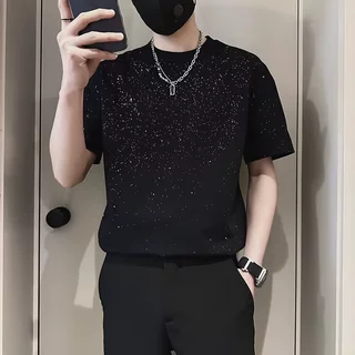 简约百搭亮晶晶短袖T恤男2024春夏季青少年小众潮流宽松圆领半袖