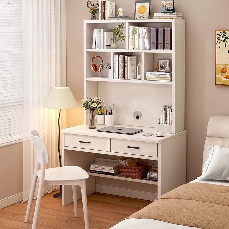 Desk Bookshelf Integrated Computer Desk Bedroom Household Office Desk Girls White Cream Style Small Apartment Study Table