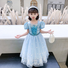 愛莎公主連衣 2024夏 女童冰雪奇緣生日節日禮服艾莎泡泡袖連衣裙