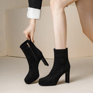 9856-2 high heel shoes chunky heel square toe short boots for women autumn and winter New platform suede Martin boots ankle boots