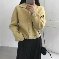 韩系甜美翻领撞色针织开衫女秋冬新款宽松显瘦减龄软糯毛衣外套潮
