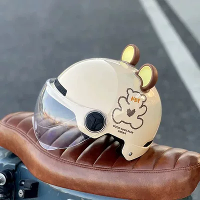seasons, sun protection, cute, universal half — Motosiklet kaskı (dəbilqə) - brown-bear-off-white-tea-hd-transparent-short-lenses-ears-3c-certified-rainproof-one-size-fits-all-unisex-head-circumference-53-60cm