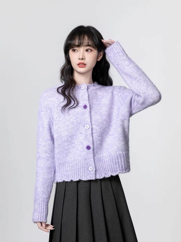 香芋紫圆领毛衣外套女2025春秋新款宽松软糯加厚针织开衫短款上衣|undefined