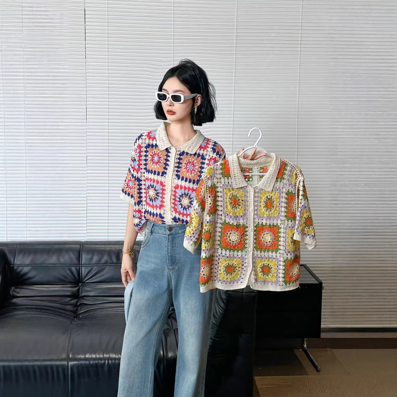 French-Style Vintage Crochet Short-Sleeve Shirt for Women, Summer Design, Unique and Chic, Distinctive Short Top