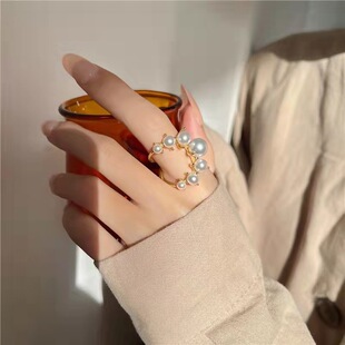French retro niche creative design fashion light luxury joint ring Korean version of simple temperament pearl opening ring
