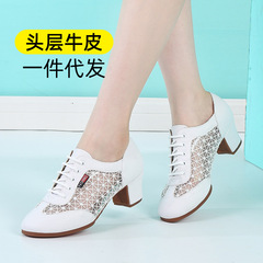 Dance handkerchief ladies summer genuine cowhide ballroom dance medium high heel soft sole teacher sailor square dance shoes modern dance shoes