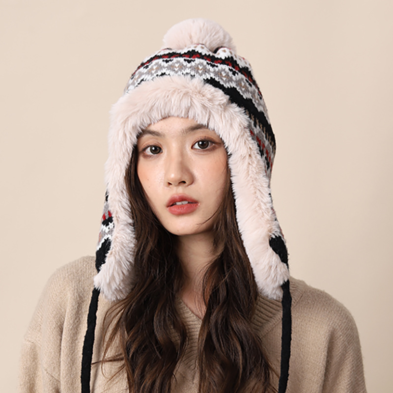 Knitted women in autumn winter, thickened warm, highlighting face and small ear protection, plush for cycling, cold_voghion.com