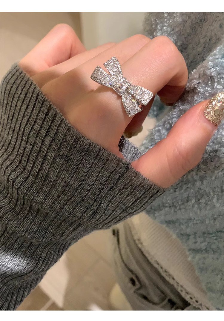 Sterling Silver Bowknot Zircon Ring For Women Adjustable Designer_voghion.com