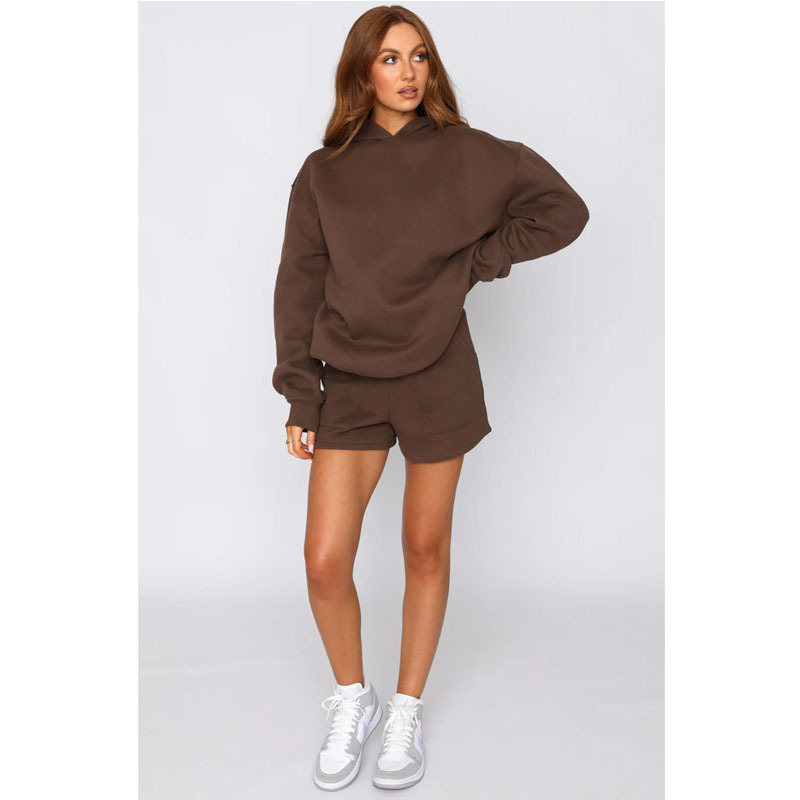 Autumn Winter Solid Color Hooded Pullover Long Sleeve Sweaters Women Clothing Shorts Suit