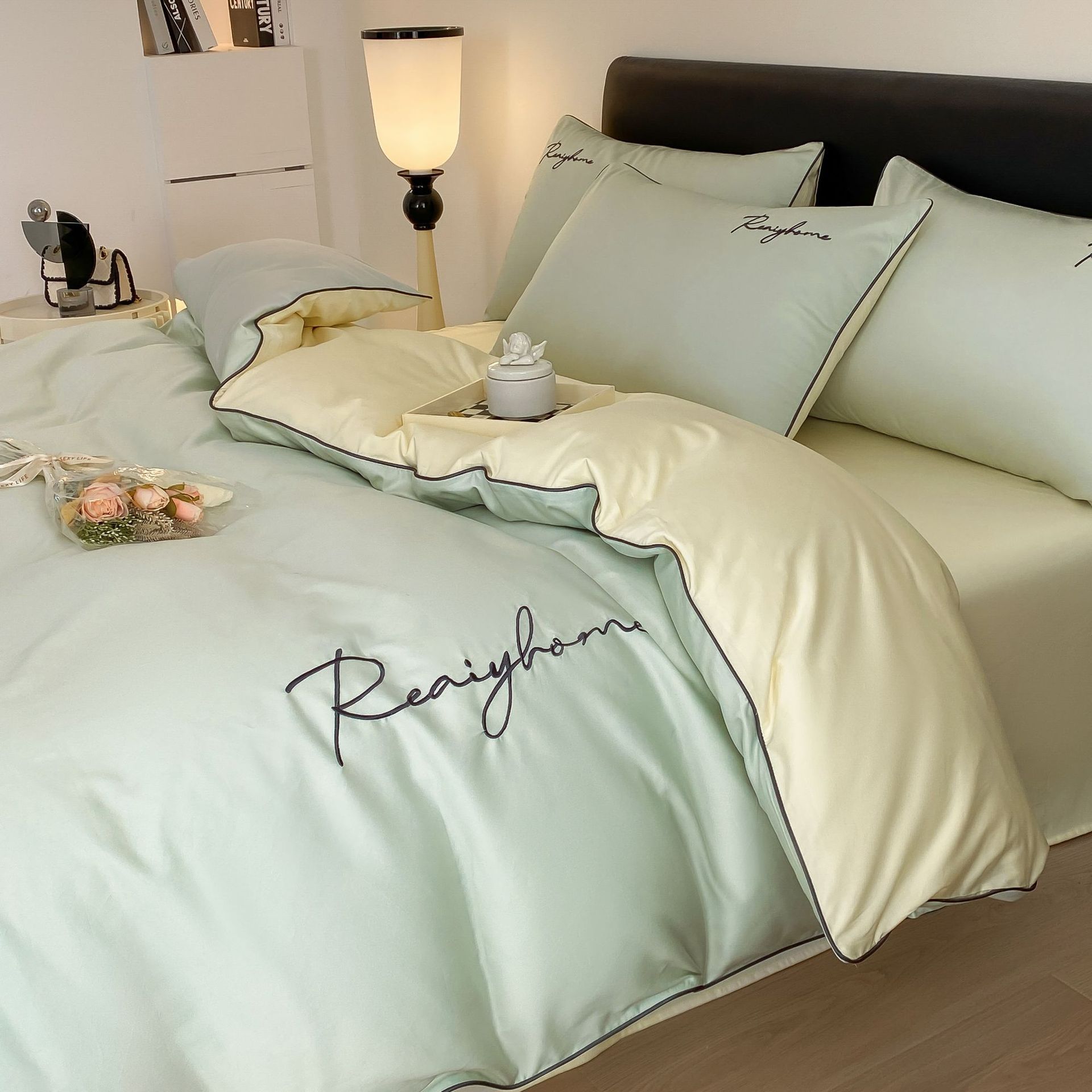 Beige verde claro [tejido de algodón para dormir desnudo agradable para la piel] / Estilo de sábana de 0,9-1,2 m [funda de edredón: 150*200cm] juego de tres piezas