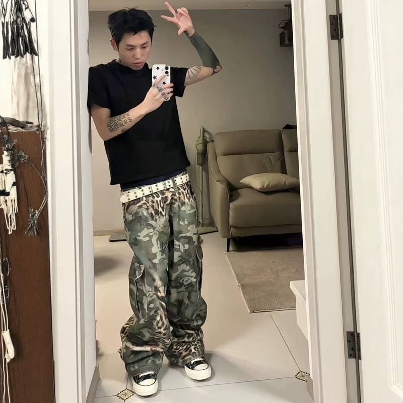 American-style trendy multi-pocket straight-leg camouflage leopard print cargo pants for men and women, spring/summer street retro versatile loose-fit long pants