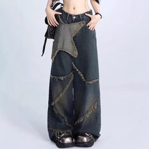 Cross-Border Spring & Fall American Retro Star Jeans for Women Y2K High Street Loose Straight Raw Edge Floor Mopping Pants Trendy