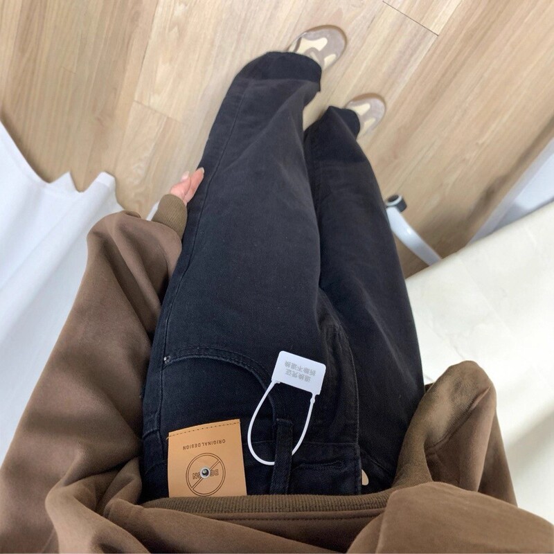 Black Straight-Leg Jeans for Women, High-Waisted, Leather Label, Loose Narrow Wide-Leg, 2025 Spring and Autumn New Versatile Floor-Length Pants