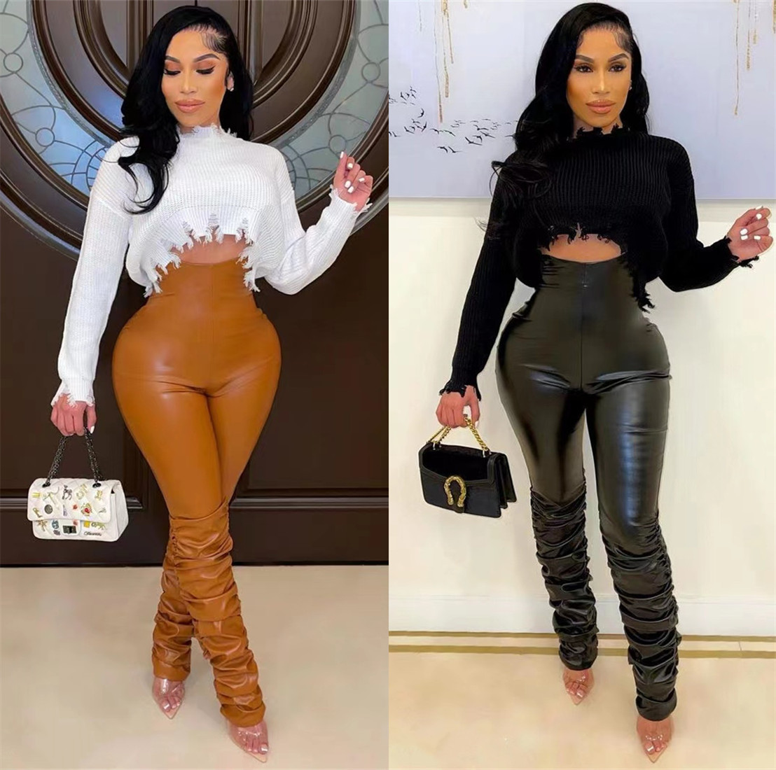 high waist elastic tight solid color PU leather pants NSWDS120019