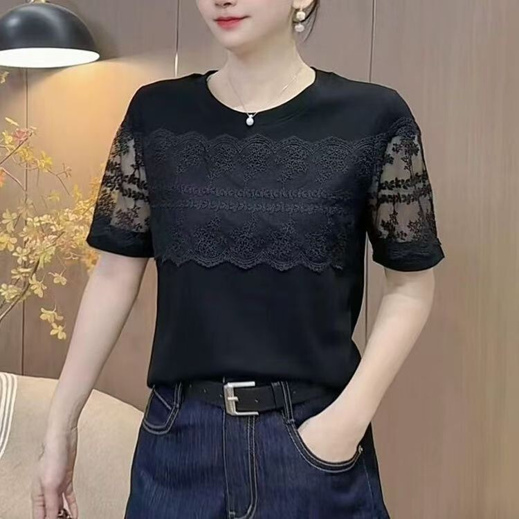 Dropshipping Elegant Lace Splicing Cut Out Top for Women Summer Thin Slimming Look Elegant Short-Sleeved T-Shirt Casual and Versatile