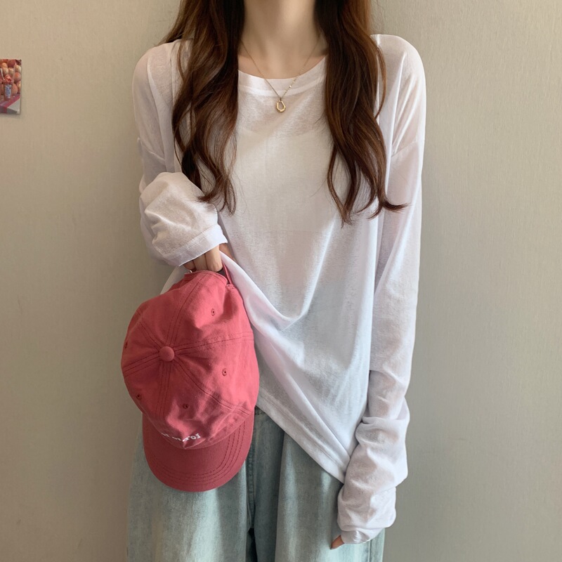 Mesh Sunscreen Blouse Long-sleeved T-shirt Women's Summer Loose Korean-style ins Inner Base Shirt Top Fashionable Age-reducing Mesh Sunscreen Blouse Long-sleeved T-shirt Women's Summer Loose Korean-style ins Inner Base Shirt Top Fashionable Age-reducing