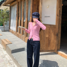 品牌批发独特贝壳扣粉色长袖针织开衫女2025新款韩系氛围感早秋上