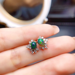 Factory wholesale explosions natural black opal earrings S925 silver inlaid main stone 4*6 selling Europe and the United States a generation of hair