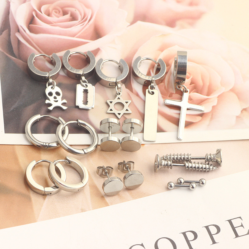 17 Pieces Set Men Stud Earrings Stainless Steel Pierced Earrings Set Black Silver Cross Earrings detail image 29