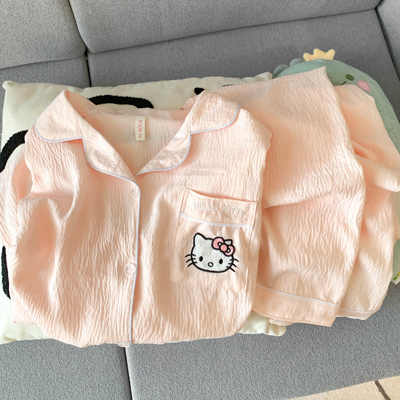 日系格子helloKitty睡衣女款春秋夏季纯棉长袖可爱开衫棉纱家居服|undefined