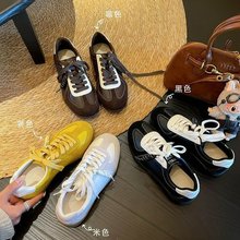 羊皮版~5CM内增高德训鞋女2025新款拼色系带运动鞋平底休闲阿甘鞋