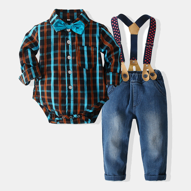 Baby Children's casual suit 2021 new baby clothes boys gentleman plaid shirt suspender jeans suit