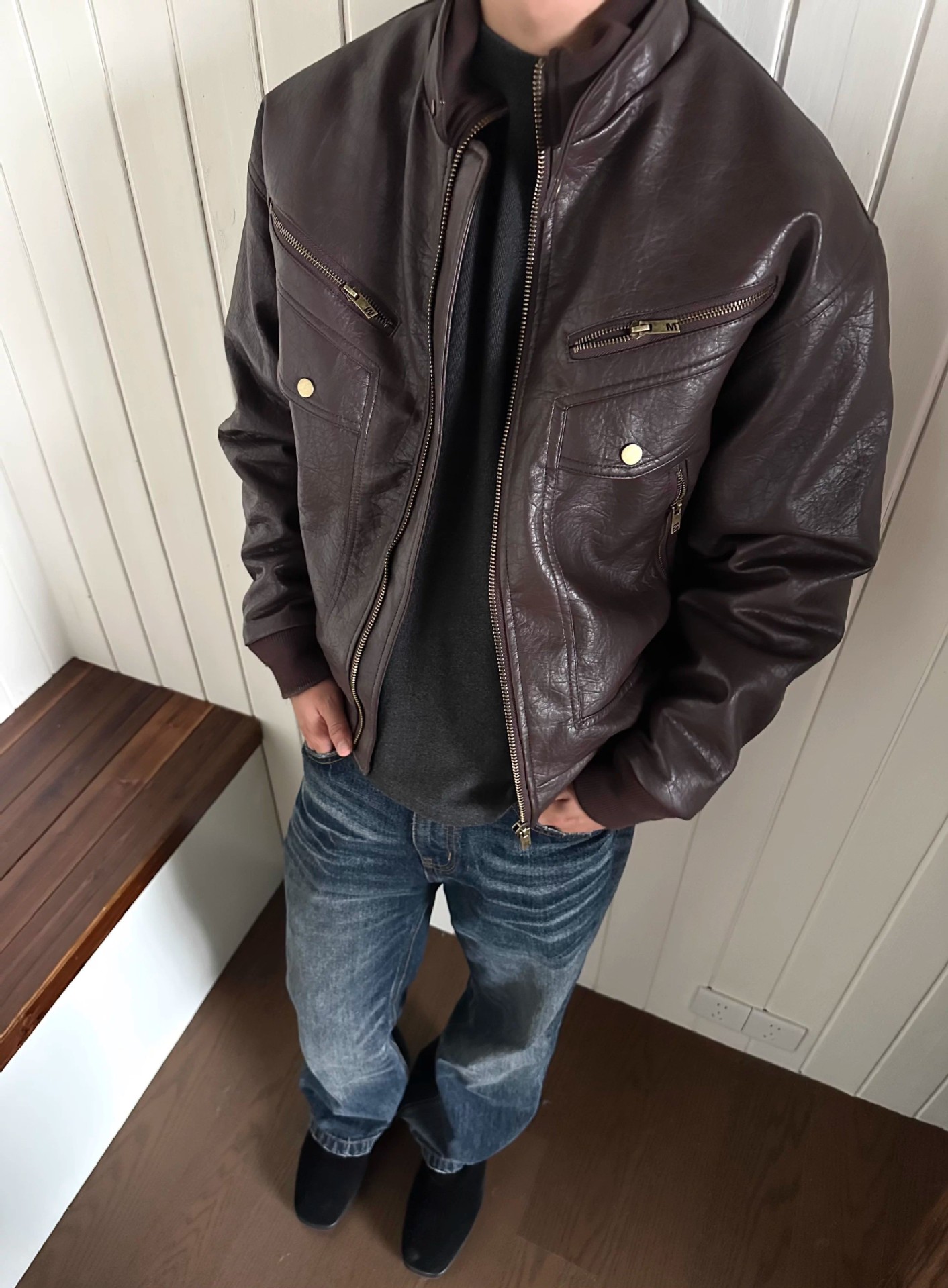 Men's Retro Leather Motorcycle Jacket With Multi Pockets Black_voghion.com