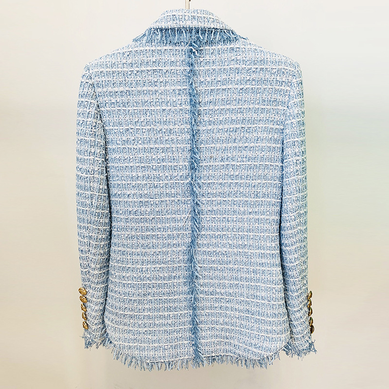 Women's Clothing Autumn And Winter Double Breasted Flow Edge Tweed Mid Length Suit Jacket_voghion.com