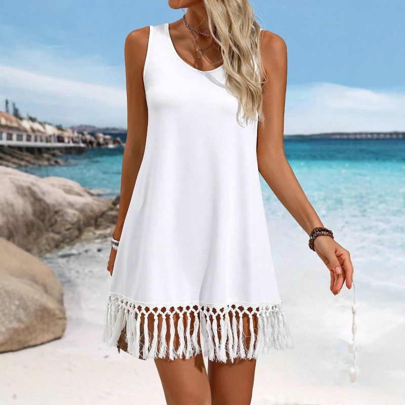 Cross-Border Amazon Women's Dress Solid Color European and American Style Simple Tassel Hem Sleeveless Blouse Decorative Dress