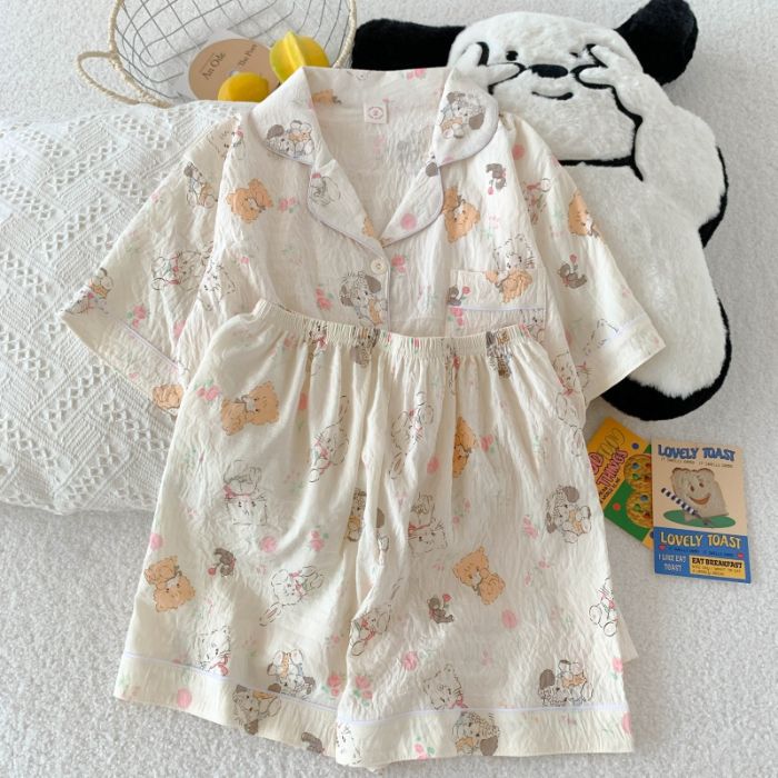 Pijama mujer nube algodón de manga corta pantalones cortos cardigan solapa de verano apertura en vivo dibujos animados transfronterizos dulce traje de servicio a domicilio