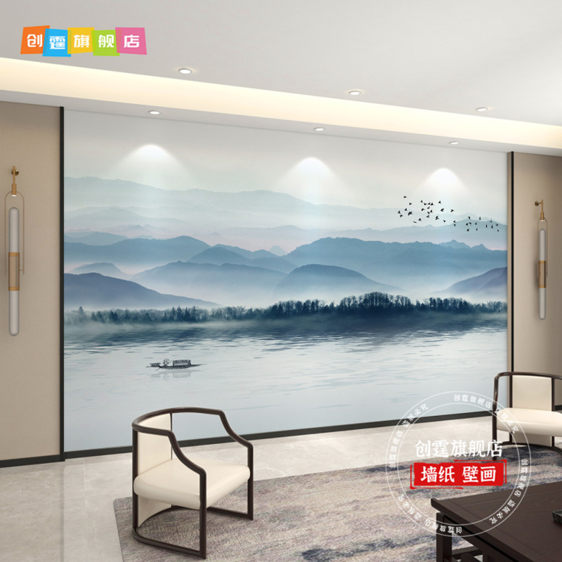 千里江山图电视背景墙壁布客厅新款中式壁纸3d立体壁画影视墙|undefined